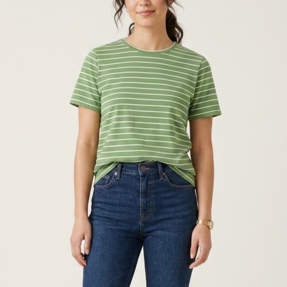 Kule Women's Modern Stripe Short Sleeve Cotton Crewneck T-Shirt Green White XS